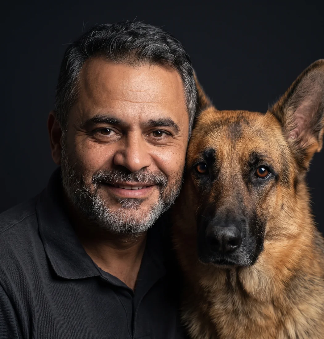V. Júnior, adestrador de cães em Guarapari, ao lado de um pastor alemão